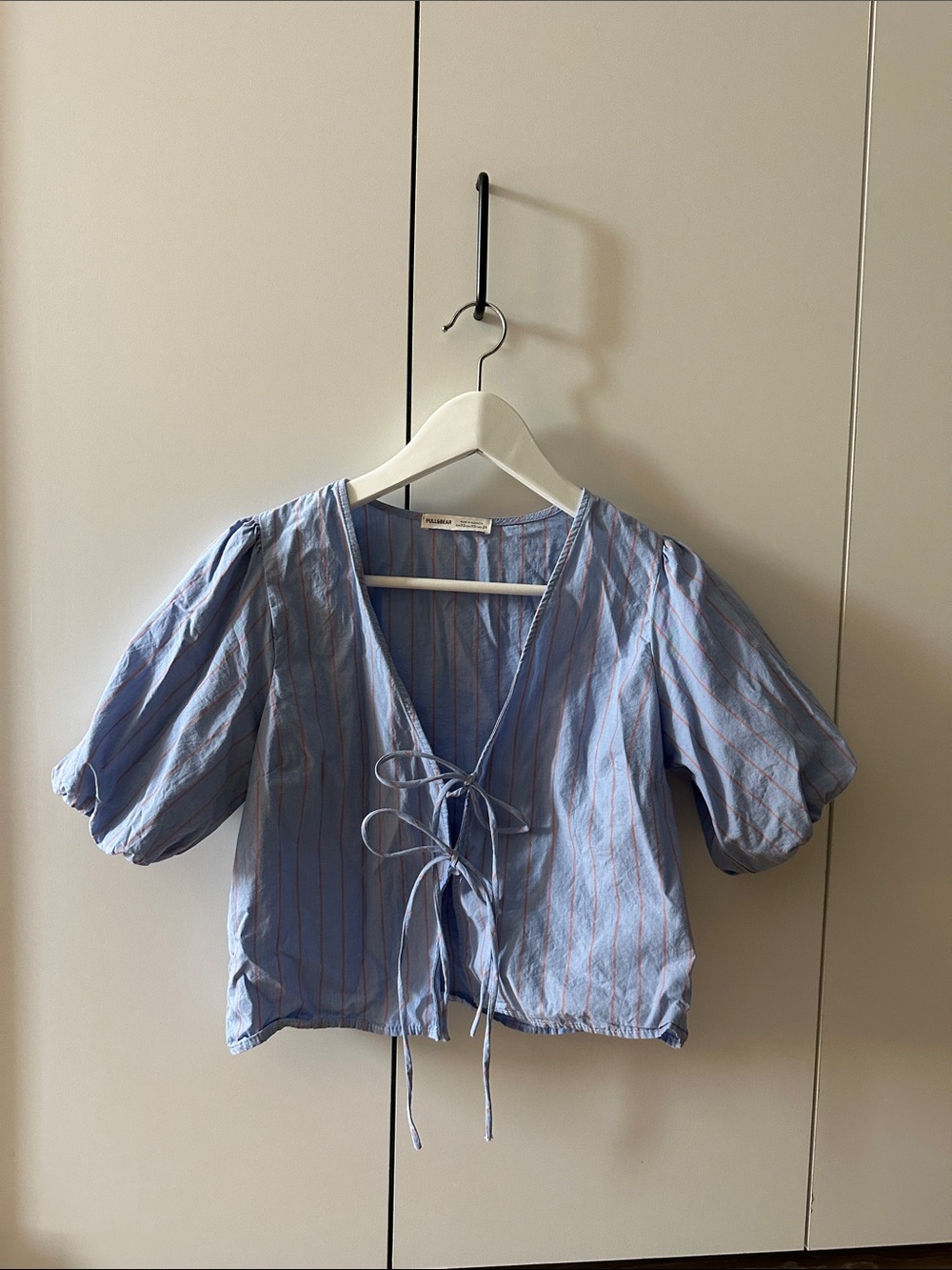 Pull&Bear Blue Striped Tie-Front Puff Sleeve Blouse